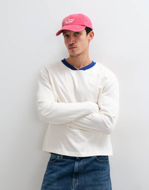 ASOS DESIGN t-shirt épais coupe boxy décontractée à col V contrastant couleur crème - view 1