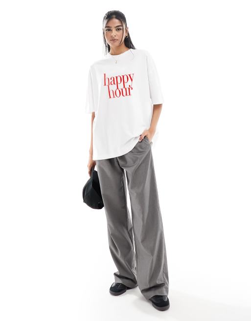 ASOS DESIGN - T-shirt épais coupe boyfriend à imprimé Happy Hour - Blanc, 2 de 3