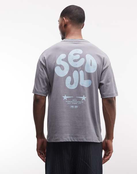 ASOS DESIGN - T-shirt épais coupe carrée oversize à imprimé Seoul - Gris délavé - view 1