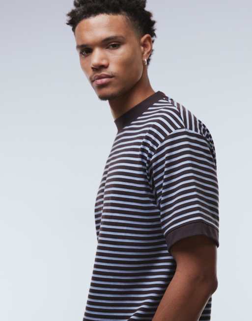 ASOS DESIGN - T-shirt épais décontracté à épaules tombantes et rayures - Bleu et marron, 5 de 5