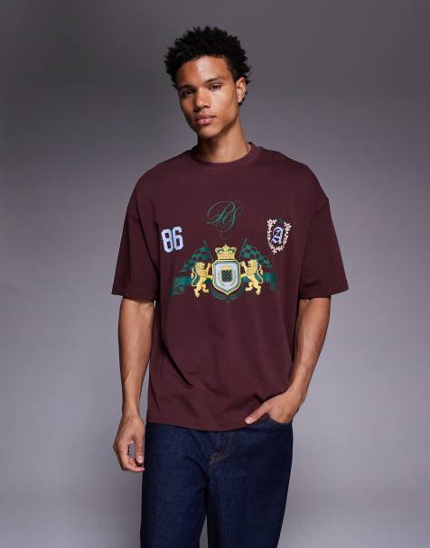 ASOS DESIGN - T-shirt épais oversize à blason style football - Bordeaux - view 1