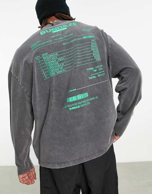 ASOS DESIGN - T-shirt épais oversize à manches longues avec imprimé reçu - Noir délavé 