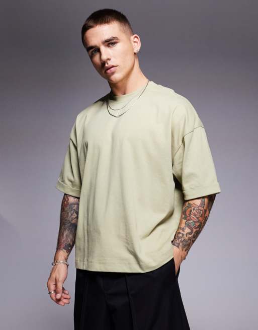 ASOS DESIGN - T-shirt épais oversize à manches retroussées - Kaki  , 3 de 4