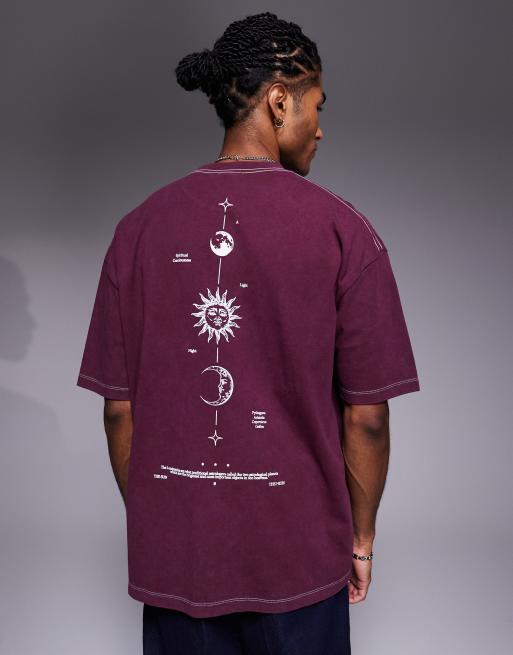 ASOS DESIGN - T-shirt épais oversize avec imprimé céleste vertical au dos - Bordeaux