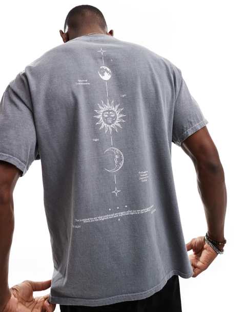 ASOS DESIGN - T-shirt épais oversize avec imprimé céleste vertical au dos - Gris délavé - view 1