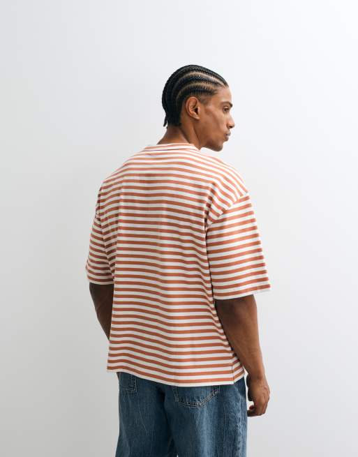 ASOS DESIGN - T-shirt épais oversize coupe carrée à col boutonné - Rouge à rayures, 3 de 5