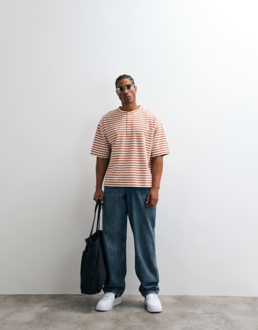 ASOS DESIGN - T-shirt épais oversize coupe carrée à col boutonné - Rouge à rayures, 5 de 5