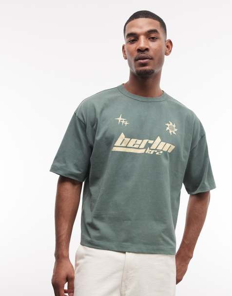ASOS DESIGN - T-shirt épais oversize coupe carrée à imprimé Berlin - Vert délavé - view 1