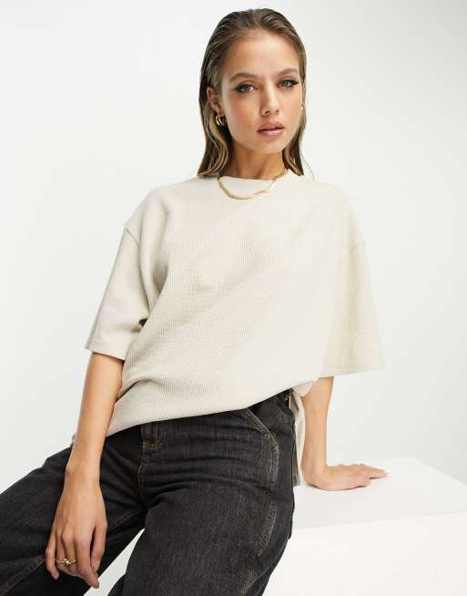 ASOS DESIGN T shirt pais oversize fendu sur les c t s en tissu gaufr Taupe