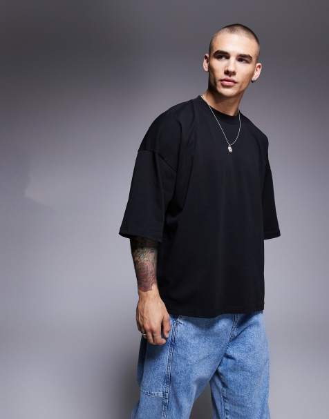 ASOS DESIGN - T-shirt épais ultra oversize à manches mi-longues - Noir - view 1
