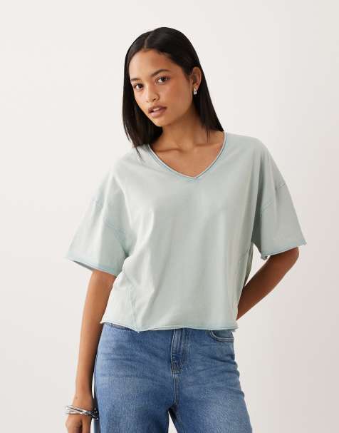 ASOS DESIGN - T-shirt extra larga con scollo a V blu slavato - view 1