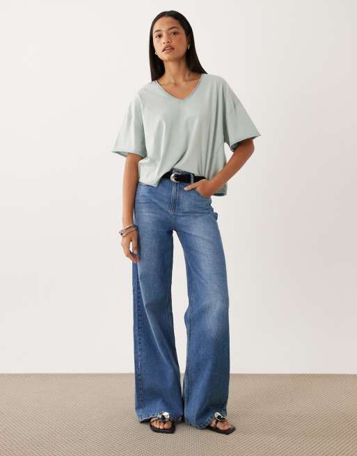 ASOS DESIGN - T-shirt extra larga con scollo a V blu slavato, 2 di 4