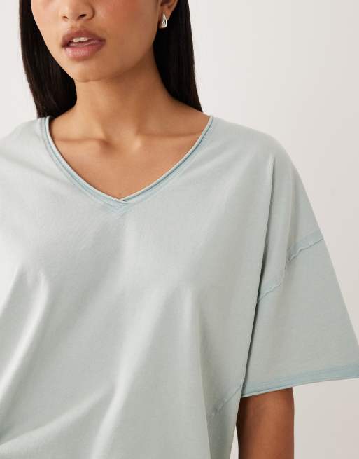 ASOS DESIGN - T-shirt extra larga con scollo a V blu slavato, 3 di 4