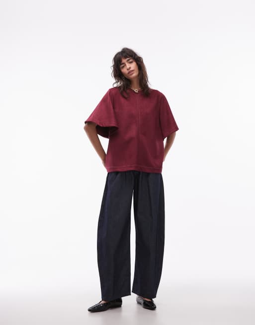 ASOS DESIGN - T-shirt fluide en imitation daim à manches courtes et coutures apparentes - Bordeaux, 2 de 4