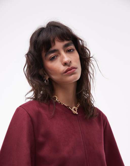 ASOS DESIGN - T-shirt fluide en imitation daim à manches courtes et coutures apparentes - Bordeaux, 3 de 4