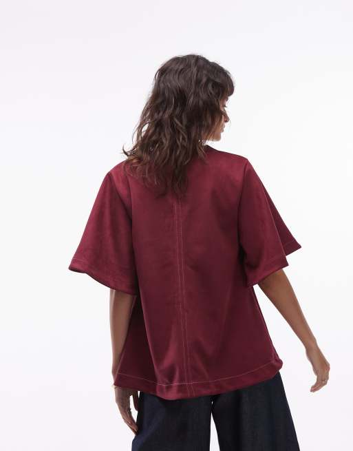 ASOS DESIGN - T-shirt fluide en imitation daim à manches courtes et coutures apparentes - Bordeaux, 4 de 4