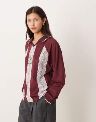 T-shirt football à manches longues rayé avec détail dentelle - Rose et bordeaux XS
