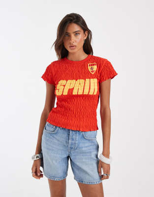 T-shirt froncé effet rétréci avec imprimé football Espagne - Rouge S