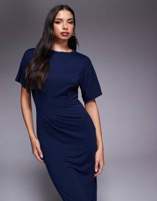 Asos Design T-shirt Front Seam Detail Midi Dress In Blue