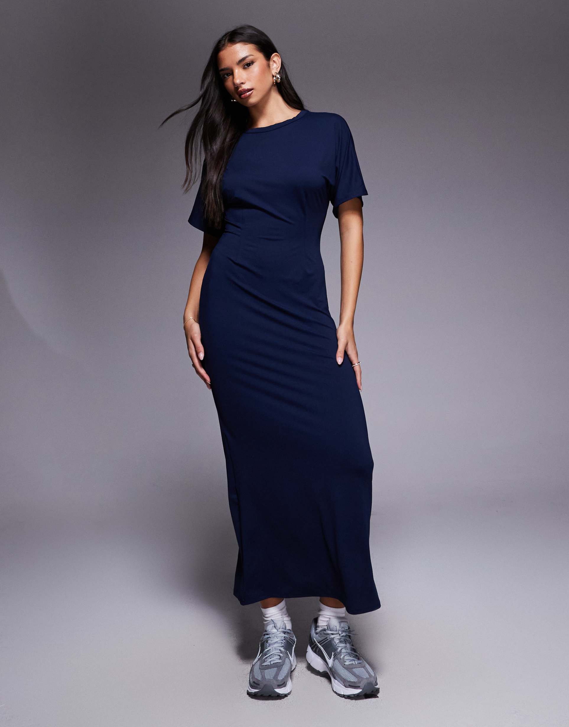 asos design t-shirt front seam detail midi dress in navy