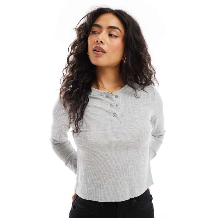 ASOS DESIGN T-shirt gaufré à manches longues avec col tunisien