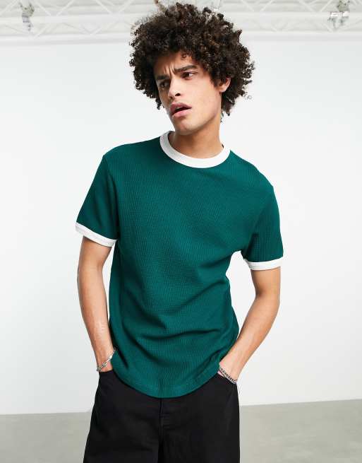 ASOS DESIGN - T-shirt gaufré avec bords contrastés - Vert foncé et blanc