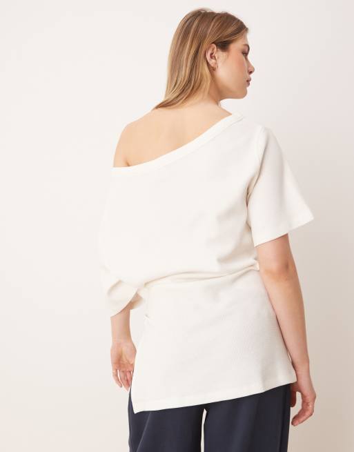 ASOS DESIGN - T-shirt gaufré avec taille cintrée et épaules dénudées - Crème délavé, 3 de 4