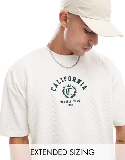 ASOS DESIGN - T-shirt gaufré coupe carrée oversize avec borderie à l'avant - Crème