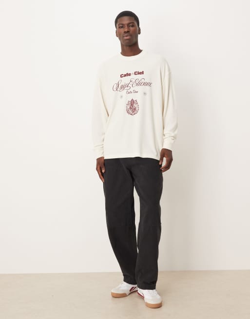 ASOS DESIGN - T-shirt gaufré épais et oversize à manches longues avec motif texte - Blanc cassé , 2 de 5