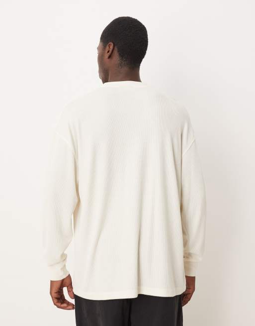 ASOS DESIGN - T-shirt gaufré épais et oversize à manches longues avec motif texte - Blanc cassé , 4 de 5