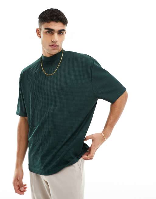 ASOS DESIGN - T-shirt gaufré oversize à col montant - Vert foncé