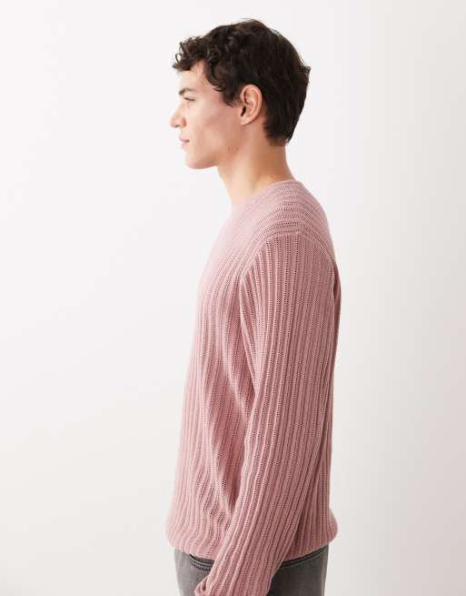 ASOS DESIGN - T-shirt girocollo a maniche lunghe in maglia rosa a coste, 4 di 5