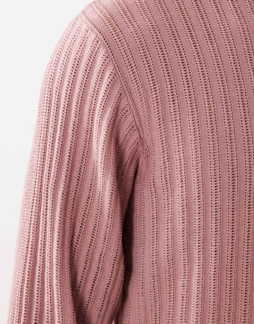 ASOS DESIGN - T-shirt girocollo a maniche lunghe in maglia rosa a coste, 5 di 5