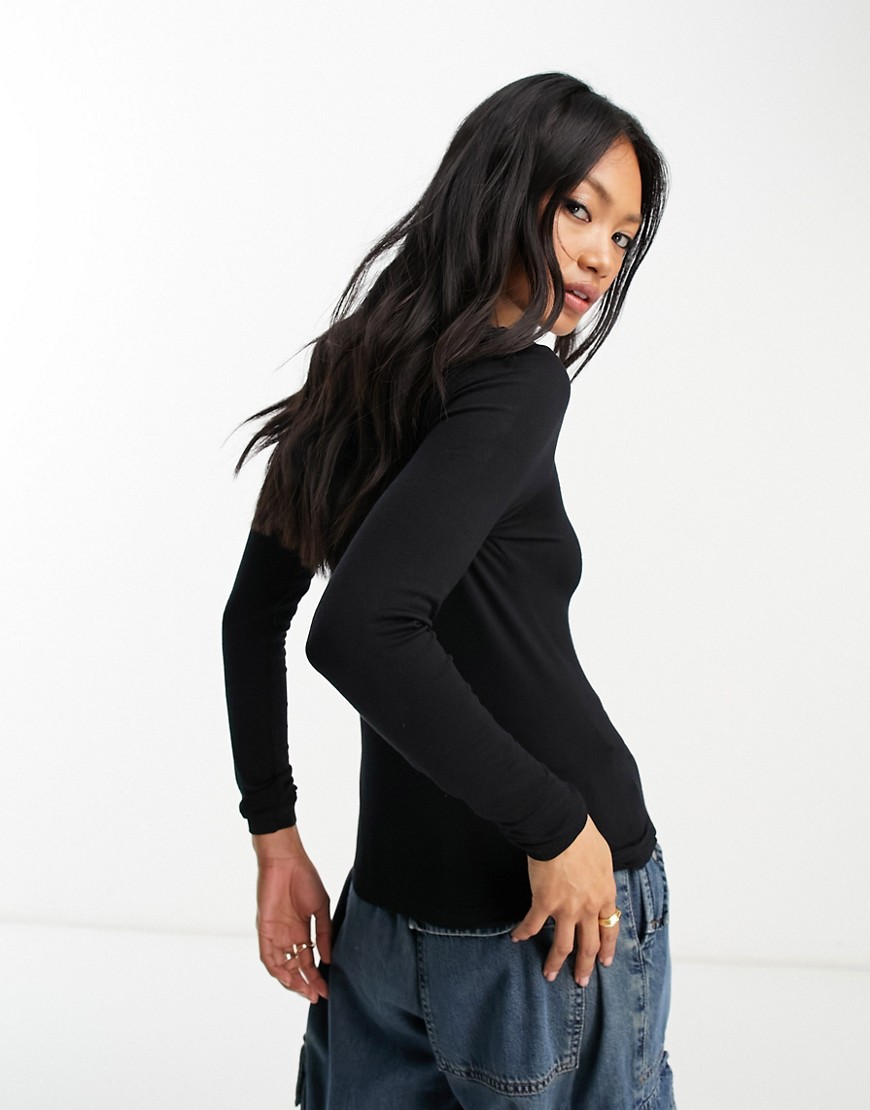 T-shirt girocollo a maniche lunghe in maglia sottile nera-Black - ASOS DESIGN T-shirt donna  - immagine2