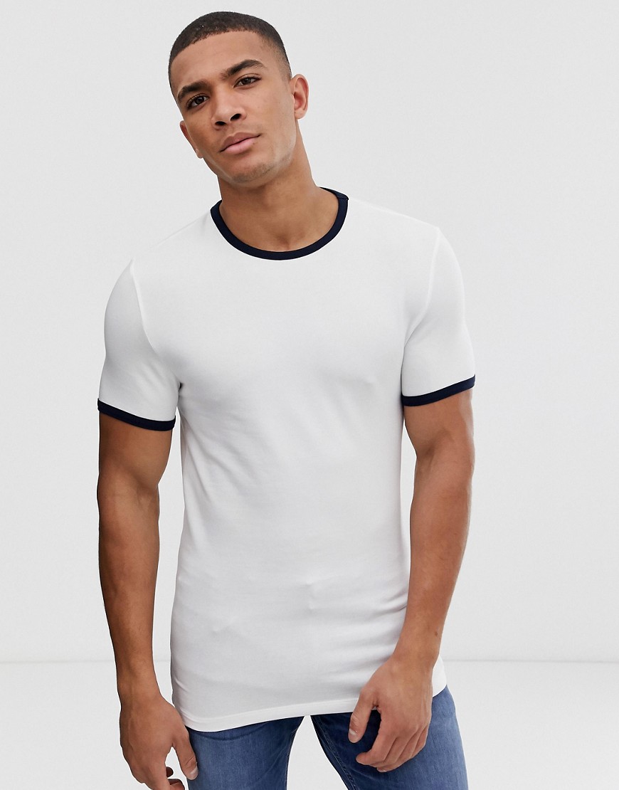 ASOS DESIGN - T-shirt girocollo attillata bianca con bordi a contrasto-Multicolore