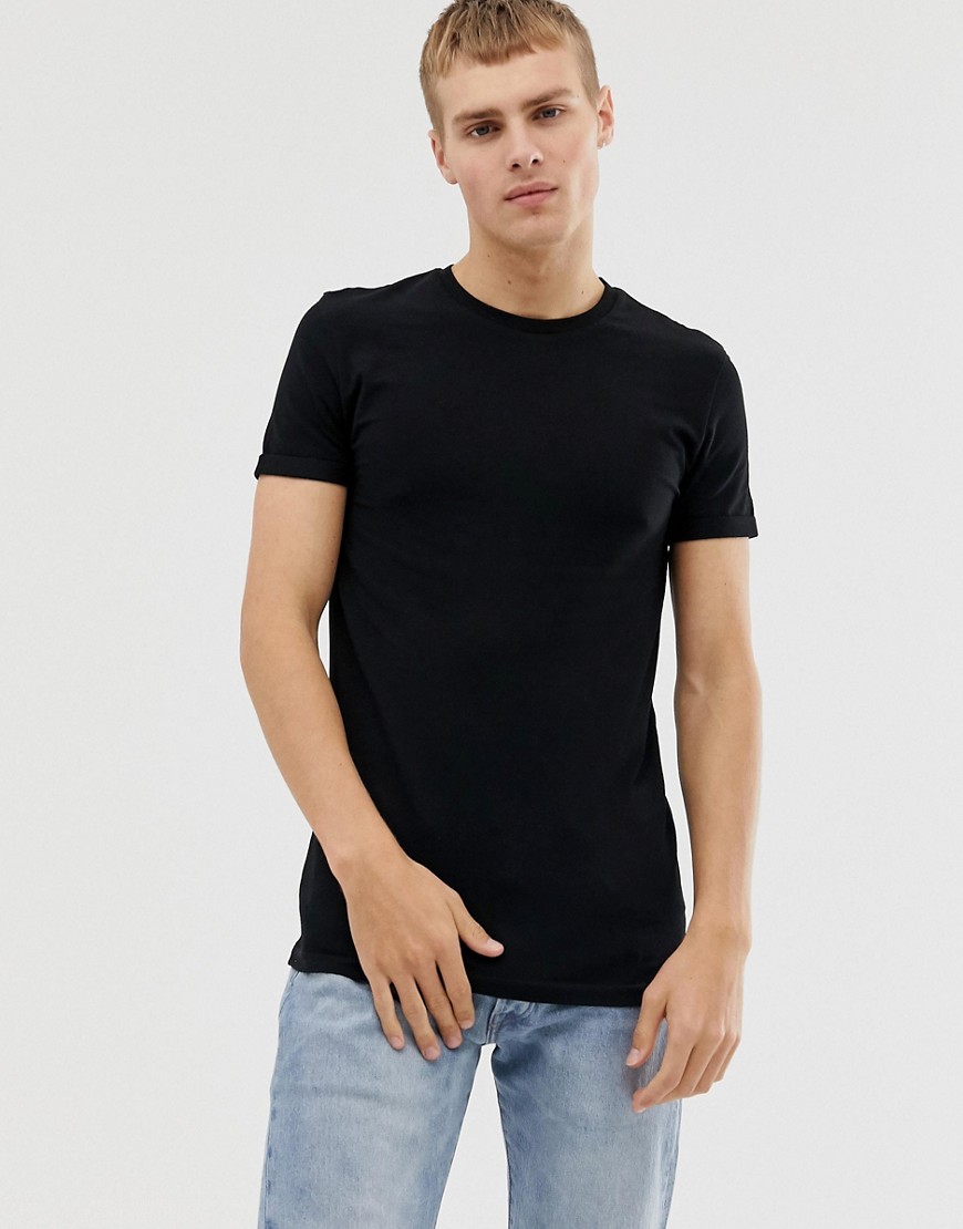 ASOS DESIGN - T-shirt girocollo attillata con maniche con risvolto nera-Nero