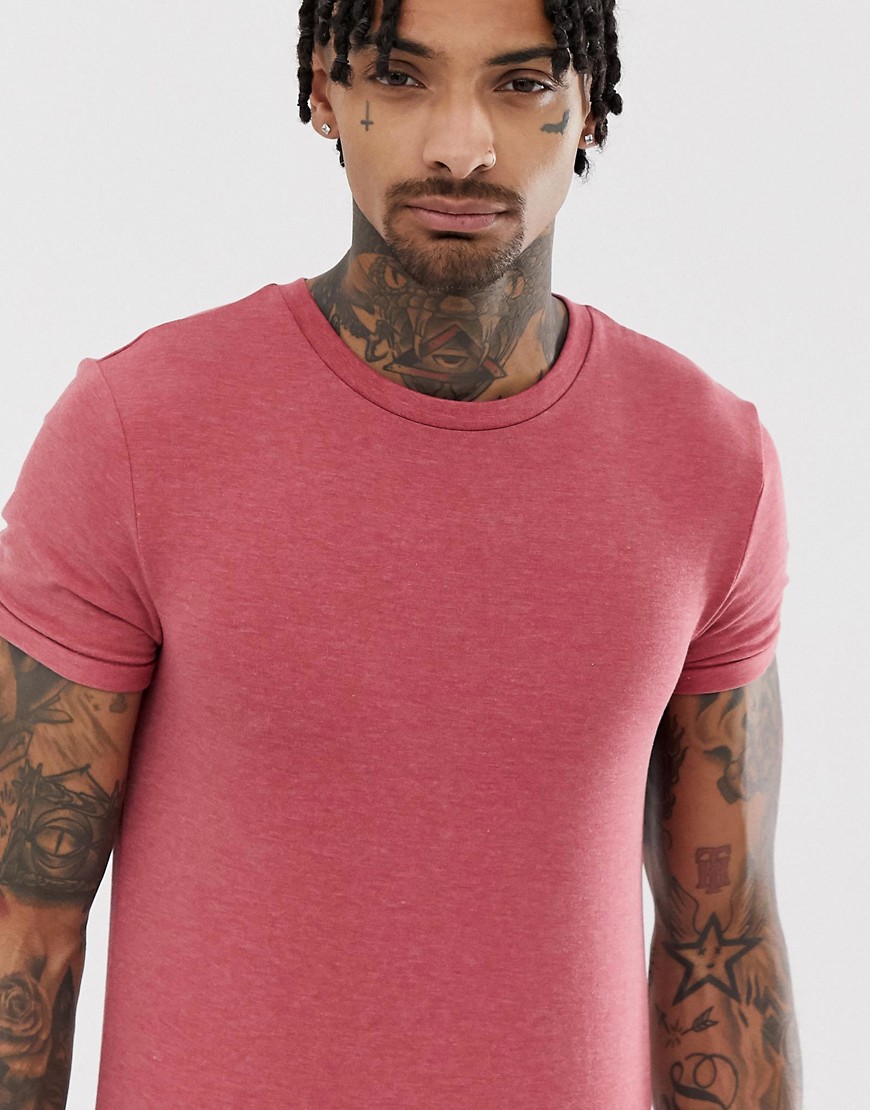 ASOS DESIGN - T-shirt girocollo attillata con maniche con risvolto rosso mélange