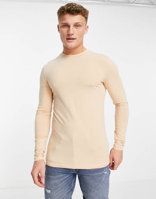 ASOS DESIGN - T-shirt girocollo attillata in misto cotone a maniche lunghe beige - BEIGE
