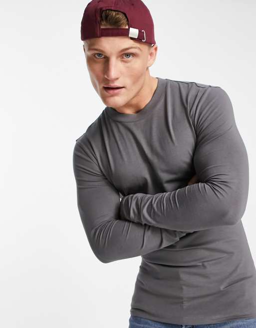 ASOS DESIGN - T-shirt girocollo attillata in misto cotone a maniche lunghe nero slavato - BLACK