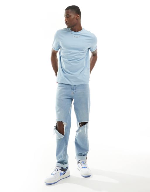 ASOS DESIGN - T-shirt girocollo basic azzurra con maniche con risvolto, 2 di 4
