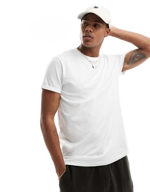 ASOS DESIGN - T-shirt girocollo basic bianca con maniche con risvolto, 4 di 4
