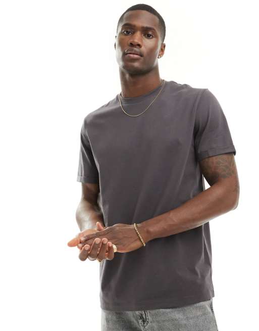 ASOS DESIGN - T-shirt girocollo basic color antracite con maniche con risvolto
