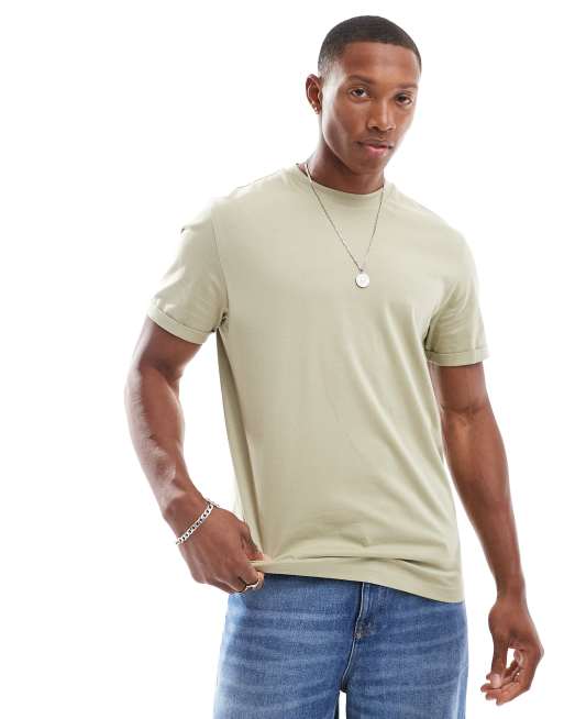 ASOS DESIGN - T-shirt girocollo basic color kaki con maniche con risvolto