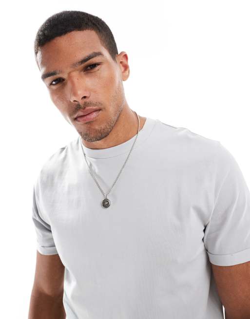 ASOS DESIGN - T-shirt girocollo basic grigia con maniche con risvolto
