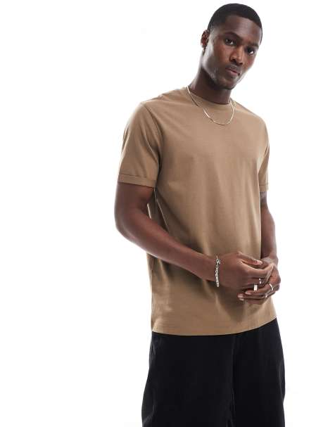 ASOS DESIGN - T-shirt girocollo basic marrone con maniche con risvolto - view 1