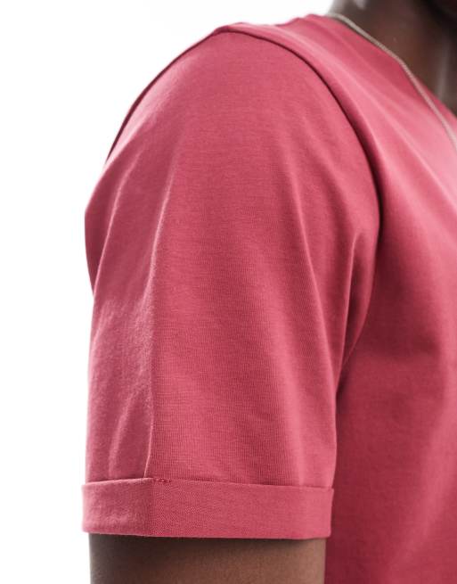 ASOS DESIGN - T-shirt girocollo basic rossa con maniche con risvolto, 4 di 4