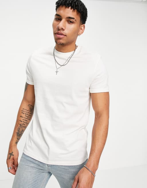 ASOS DESIGN - T-shirt girocollo color crema con maniche arrotolate 