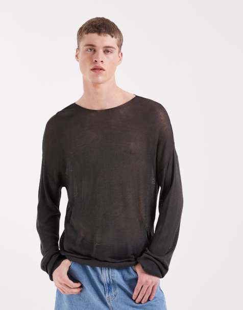 ASOS DESIGN - T-shirt girocollo comoda a maniche lunghe in maglia trasparente color antracite - view 1