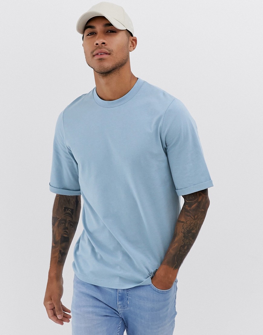 ASOS DESIGN - T-shirt girocollo con mezze maniche con risvolto blu