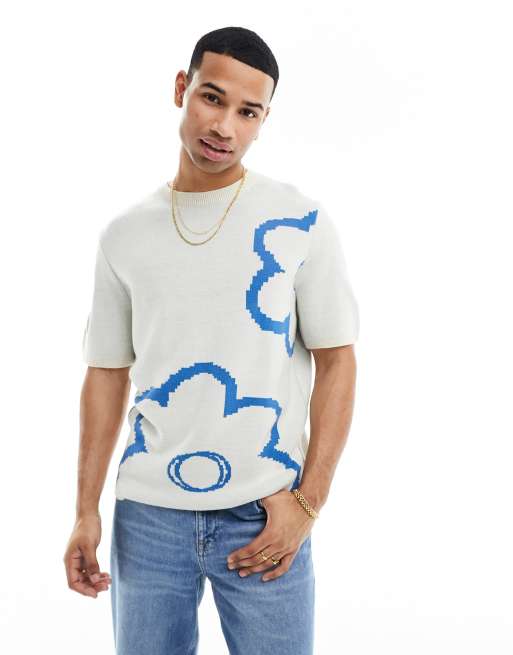 ASOS DESIGN - T-shirt girocollo in maglia color pietra a fiori blu